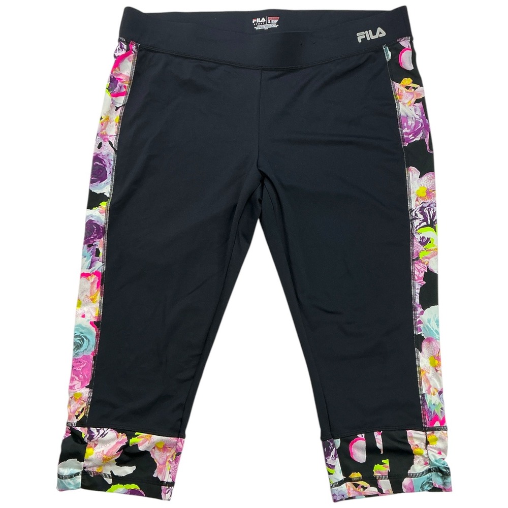 Fila Black Floral Capri Leggings Women XL Ruched Live In Motion Sport